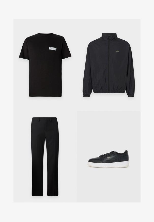 Chaqueta ligera negra con cuello alzado, cierre frontal, puños elásticos y dobladillo. Presenta un pequeño logo verde de Lacoste en el pecho.; Camiseta de algodón negra con cuello redondo, mangas cortas y un pequeño logotipo gráfico blanco en la parte izquierda del pecho.; Pantalones negros ajustados con un diseño de pierna recta, hechos de una tela suave. Las características incluyen un frente plano y una cinturilla de altura media.; Zapatilla de cuero negra con suela blanca, con puntera redondeada, diseño de cordones y un logo sutil en el lateral. Acentos en la parte superior texturizada.