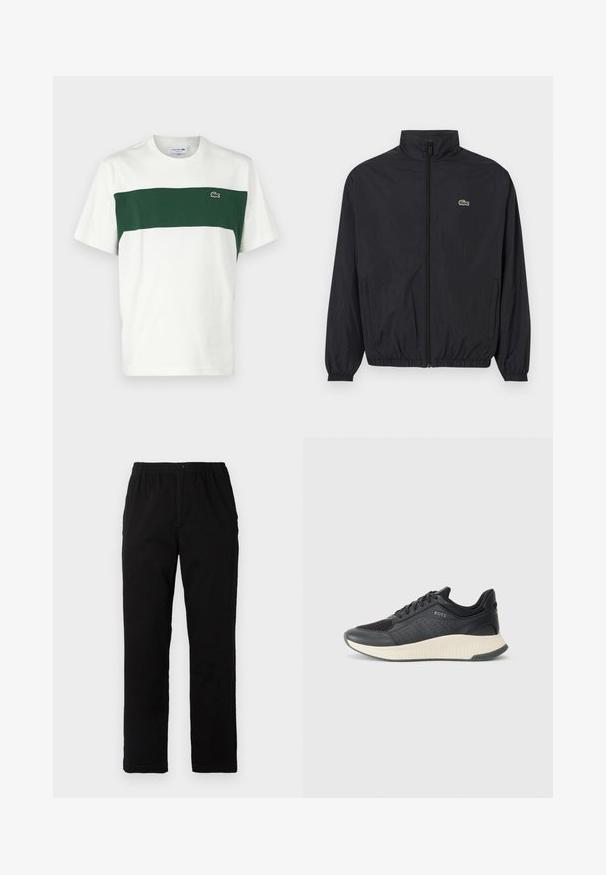 Melna viegla jaka ar stāvu apkakli, priekšējo rāvējslēdzēju, elastīgām piedurknēm un apakšu. Jaka ir ar mazu zaļu Lacoste logo uz krūšu.; Lacoste Apdrukāts T-krekls - flour/green; Melnas bikses no kokvilnas maisījuma auduma, ar taisnu griezumu, elastīgu jostasvietu ar pogu un bez redzamām rakstu vai akcentiem.; Melnas sporta kedas ar sietveida augšdaļu ar perforācijām, teksturētu vidusdaļu krēmkrāsā un gumijas zoli nodrošinot saķeri.