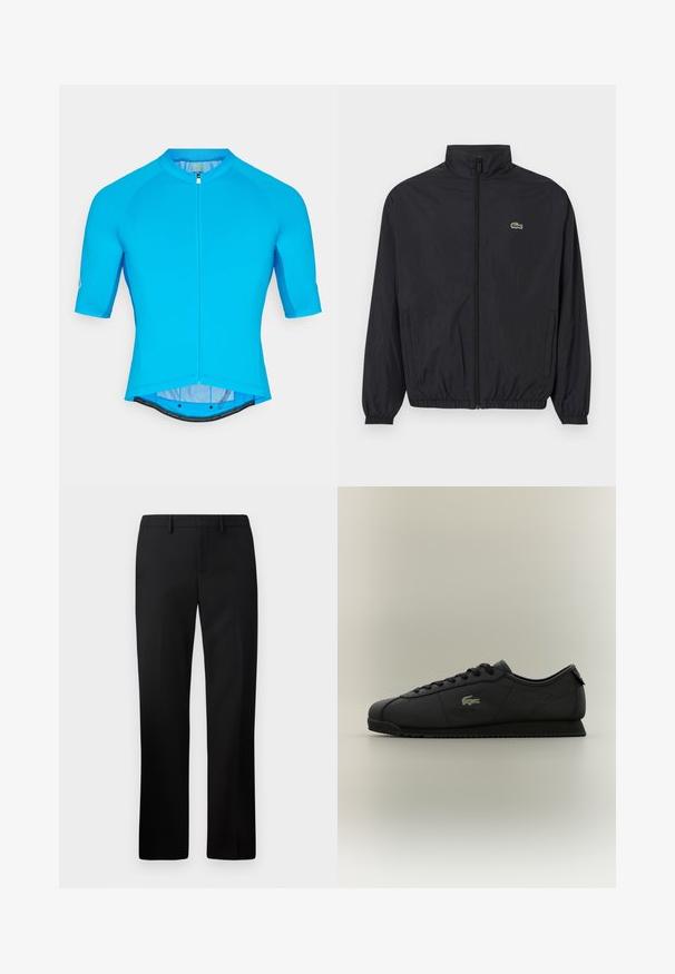 Giacca leggera nera con colletto alto, zip frontale, polsini elastici e orlo. Presenta un piccolo logo verde Lacoste sul petto.; Maglia da ciclismo blu con maniche raglan corte, texture liscia, zip frontale completa e orlo posteriore leggermente allungato per una maggiore copertura.; Pantaloni neri su misura con design a gamba dritta, realizzati in tessuto morbido. Presentano un davanti piatto e una vita alta media.; Sneaker neri a basso profilo con lacci sul davanti, suola testurizzata e logo in oro a forma di coccodrillo sul lato.
