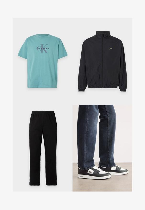 Black lightweight jacket with a stand collar, front zipper, elastic cuffs, and hem. Features a small green Lacoste logo on the chest.; Turquoise cotton T-shirt featuring the "Calvin Klein" logo and "cK" emblem in dark grey at the center. Standard crew neckline and short sleeves.; Black pants made of cotton blend fabric, featuring a straight cut, elastic waistband with button, and no visible patterns or accents.; Black and white Lacoste sneakers with a textured leather upper, featuring a lace-up design and a white rubber outsole. Worn with dark jeans.