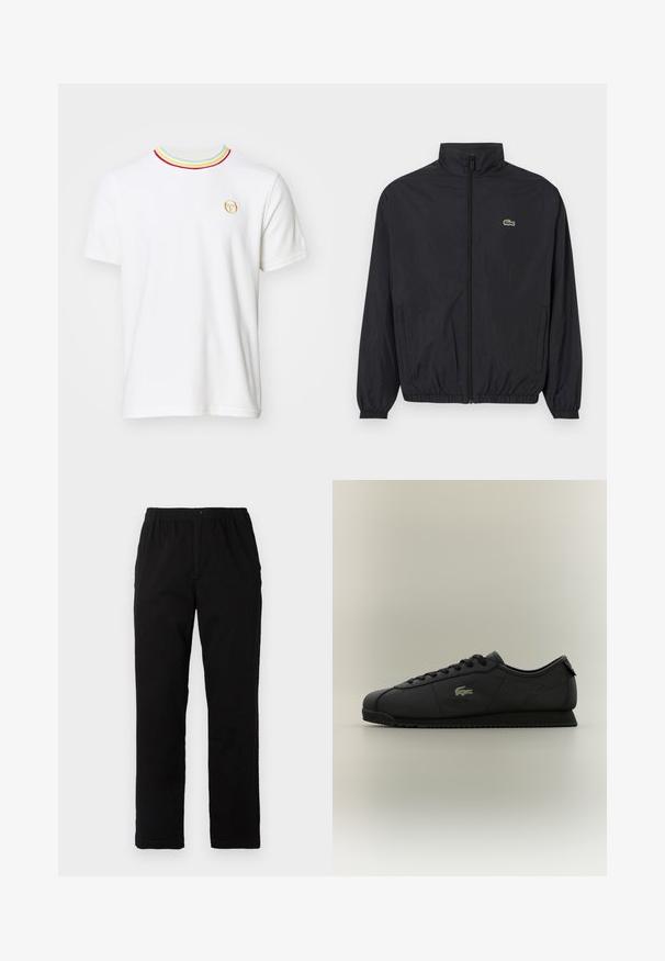 Black lightweight jacket with a stand collar, front zipper, elastic cuffs, and hem. Features a small green Lacoste logo on the chest.; White cotton t-shirt with a ribbed collar featuring red, green, and blue trim. Small embroidered logo in gold on the left chest. Classic cut.; Black pants made of cotton blend fabric, featuring a straight cut, elastic waistband with button, and no visible patterns or accents.; Black low-top sneaker with lace-up front, textured sole, and gold crocodile logo on the side.