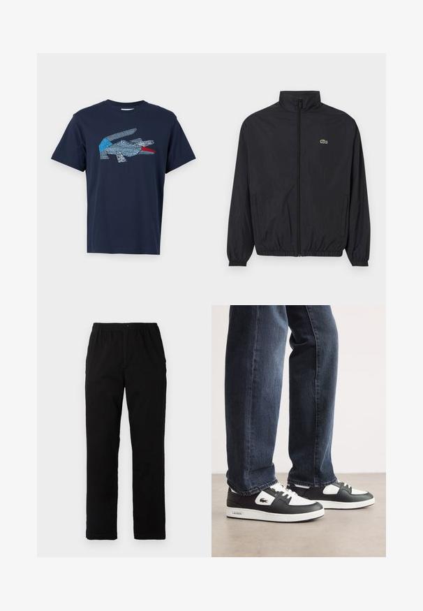 Melna viegla jaka ar stāvu apkakli, priekšējo rāvējslēdzēju, elastīgām piedurknēm un apakšu. Jaka ir ar mazu zaļu Lacoste logo uz krūšu.; Lacoste Apdrukāts T-krekls - dark blue; Melnas bikses no kokvilnas maisījuma auduma, ar taisnu griezumu, elastīgu jostasvietu ar pogu un bez redzamām rakstu vai akcentiem.; Melnbalti Lacoste sporta apavi ar teksturētu ādas augšdaļu, ar saistēm un baltu gumijas zoli. Nēsāti ar tumšām džinsām.