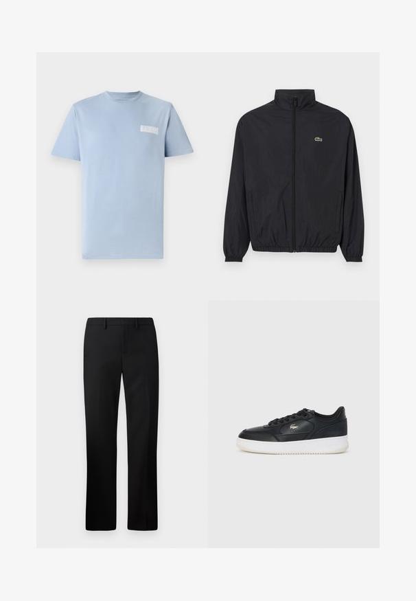 Black lightweight jacket with a stand collar, front zipper, elastic cuffs, and hem. Features a small green Lacoste logo on the chest.; Light blue cotton T-shirt with a crew neckline and short sleeves; features a small white "GUESS" logo on the left chest. Smooth texture.; Black tailored trousers with a straight leg design, made from smooth fabric. Features include a flat front and mid-rise waistband.; Black leather sneaker with white sole, featuring a rounded toe, lace-up design, and a subtle logo on the side. Textured upper accents.