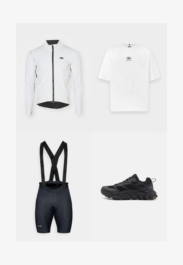 Biela cyklistická bunda s dlhými rukávmi a vysokým golierom, čierny zips a sieťované akcenty na spodnej strane. Na hrudi sa nachádza malé logo.; Biele tričko s krátkym rukávom vyrobené z bavlny s okrúhlym výstrihom, ktoré má čiernu vyšívanú nášivku škorpióna a názov značky.; Čierne cyklistické šortky s nastaviteľnými ramienkami, polstrovaným sedlom, textúrovanou tkaninou a detailom loga na ľavej nohe. Tvarovo prispôsobený dizajn.; Čierne atletické topánky s mohutnou podrážkou, vrchnou časťou z textilu a syntetiky, textúrovanými akcentmi a značkou Vibram na podrážke.
