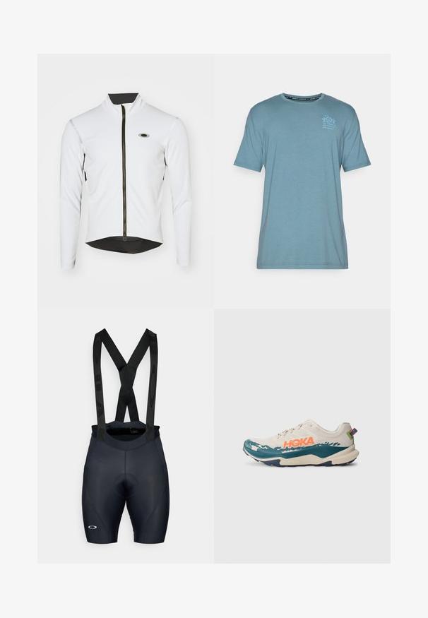 Biela cyklistická bunda s dlhými rukávmi a vysokým golierom, čierny zips a sieťované akcenty na spodnej strane. Na hrudi sa nachádza malé logo.; Under Armour CANT HOOP - Tričko s potlačou - jasper blue/ash blue; Čierne cyklistické šortky s nastaviteľnými ramienkami, polstrovaným sedlom, textúrovanou tkaninou a detailom loga na ľavej nohe. Tvarovo prispôsobený dizajn.; Ľahká bežecká obuv v smotanovej a tyrkysovej farbe s oranžovým logom. Vyniká textúrovaným zvrškom, polstrovaným golierom a robustnou podrážkou pre trakciu.