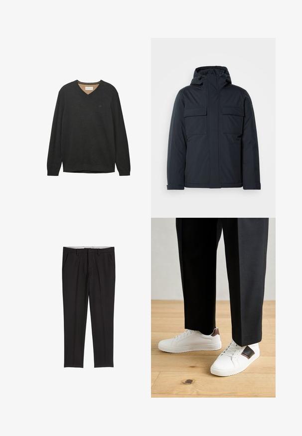 Giacca isolante blu navy con cappuccio, dotata di due grandi tasche frontali e una finitura liscia e opaca. Chiusura frontale con zip.; Maglione nero a V con maniche lunghe, realizzato in un morbido tessuto testurizzato. Presenta un logo sottile sul petto e un collo e dei polsini a coste.; Pantaloni neri su misura con una texture liscia, dotati di due tasche laterali, una parte anteriore piatta e un girovita classico.; Sneakers bianchi dalla texture liscia, con dettagli in pelle marrone e particolari neri, abbinati a pantaloni neri su misura. Sfondo in parquet.