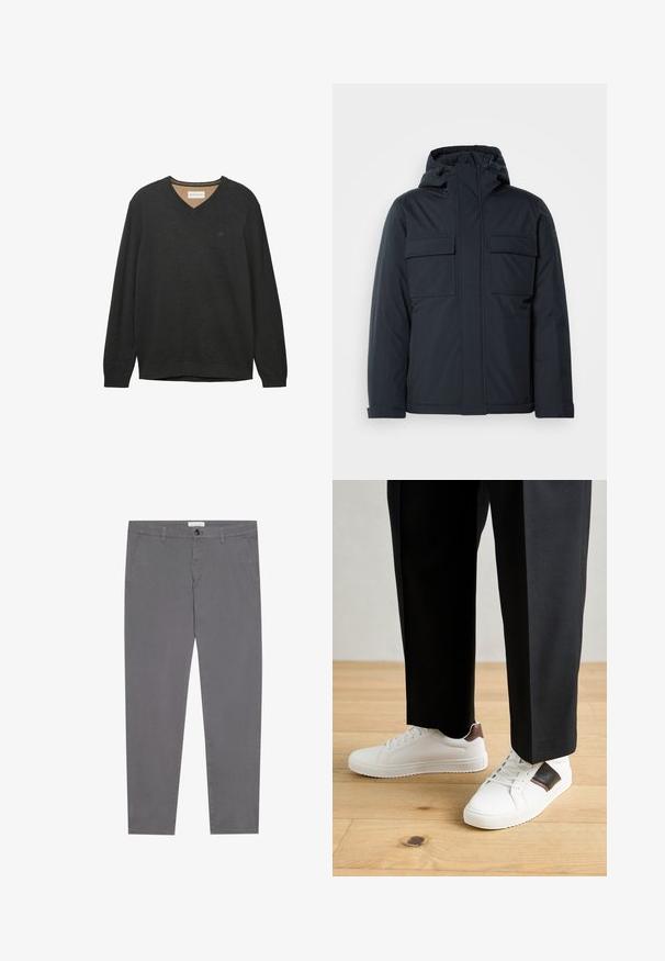 Tumši zils izolēts džemperis ar kapuci, ar divām lielām priekšējām kabatām un gludu, matētu apdari. Ar rāvējslēdzēju aizverama priekšpuse.; Melnā V-veida kakla džemperis ar garām piedurknēm, izgatavots no mīkstas, teksturētas auduma. Ar diskrētu logotipu uz krūtīm un ribotu kakla un piedurkņu apdari.; Pelēki kokvilnas bikses ar šauru piegriezumu, ar divām priekšējām kabatām, vienu aizmugurējo kabatu un pogu aizdari jostasvietā.; Baltā pārsoļa apavi ar gludu tekstūru, papildināti ar brūniem ādas akcentiem un melniem elementiem, savienoti ar melnām pielāgotām biksēm. Koka grīdas fons.