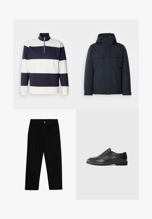 Giacca isolante blu navy con cappuccio, dotata di due grandi tasche frontali e una finitura liscia e opaca. Chiusura frontale con zip.; Pullover a righe blu marino e bianche con colletto alto e zip a quarto. Materiale in cotone morbido, presenta un logo ricamato sul davanti.; Pantaloni in denim nero con taglio dritto, design a cinque tasche e chiusura frontale con bottone. Tessuto liscio con dettagli di cucitura minimi.; Scarpa nera in pelle con inserto scivolare, superiore liscio, dettagli cuciti, punta arrotondata e tacco in gomma basso. La suola presenta un battistrada minimale.