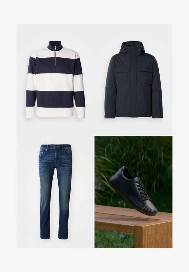 Casaco isolado azul marinho com capuz, apresentando dois grandes bolsos frontais e um acabamento suave e mate. Fecho frontal com zíper.; Pullover riscado em azul-marinho e branco com um colarinho alto e fecho de zipper de um quarto. Material de algodão suave, apresenta um logótipo bordado na parte da frente.; Jeans de denim azul escuro com um corte slim, apresentando cinco bolsos, um fecho frontal de botão e uma textura ligeiramente desbotada nas pernas.; Sapatilha de couro preta com uma textura suave, bico redondo e atacadores planos, posicionada acima de uma superfície de madeira com grama verde ao fundo.