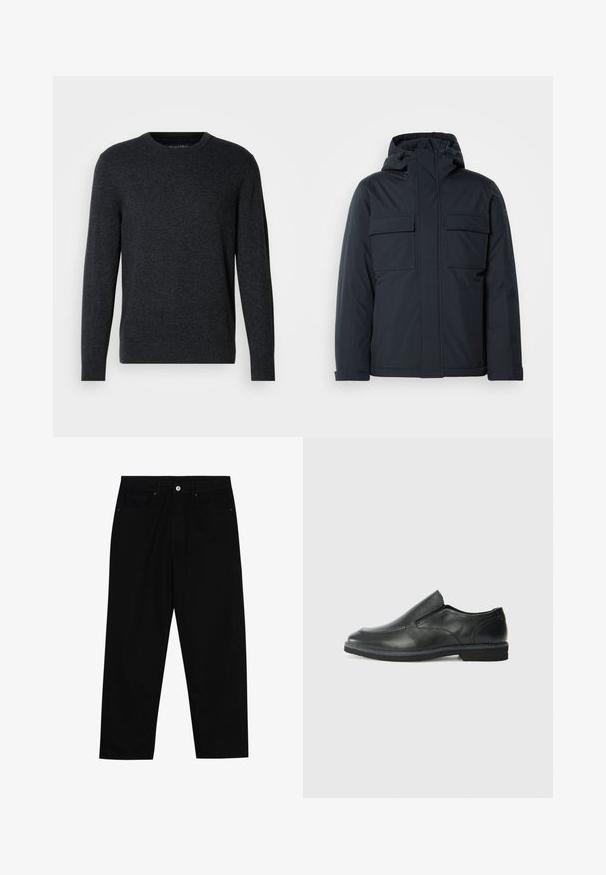 Marineblaue isolierte Jacke mit Kapuze, ausgestattet mit zwei großen frontalen Taschen und einer glatten, matten Oberfläche. Mit einem Reißverschluss vorne.; Dunkelgrauer Strickpullover mit langen Ärmeln, Rundhalsausschnitt, gerippten Bündchen und Saum. Glatte Textur mit subtilen Farbnuancen. Keine ausgeprägten Muster.; Schwarze Jeans mit geradem Schnitt, Fünf-Taschen-Design und einem vorderen Knopfverschluss. Glatte Textur mit minimalen Nähten.; Schwarze Leder-Slipper mit glattem Obermaterial, gesteppten Akzenten, runder Zehenpartie und niedrigem Gummiabsatz. Die Sohle hat ein minimales Profil.