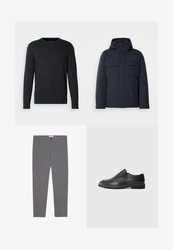 Veste isolée bleu marine avec capuche, dotée de deux grandes poches avant et d'une finition lisse et mate. Fermeture éclair à l'avant.; Pull en tricot gris foncé avec des manches longues, un col rond, des poignets côtelés et un ourlet. Texture lisse avec une légère variation de couleur. Pas de motifs distincts.; Pantalons en coton gris avec une coupe slim, dotés de deux poches avant, d'une seule poche arrière et d'une fermeture à bouton à la taille.; Chaussure slip-on en cuir noir avec une tige lisse, des accents cousus, un bout arrondi et un petit talon en caoutchouc. La semelle présente un profil de traction minimal.