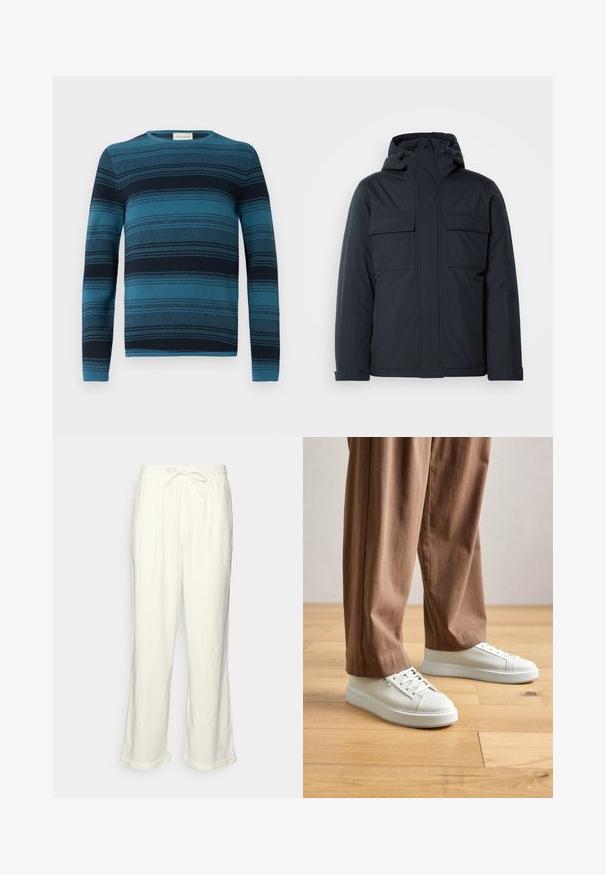 Veste isolée bleu marine avec capuche, dotée de deux grandes poches avant et d'une finition lisse et mate. Fermeture éclair à l'avant.; Pull à rayures bleu et marine à manches longues avec un col rond, en tissu texturé, et des motifs tricotés détaillés tout au long.; Pantalons en lin blanc cassé avec une taille élastique, jambes légèrement larges et ourlets roulés pour un look décontracté. Pas de poches.; Personne portant des baskets basses blanches texturées et un pantalon marron ample, debout sur un sol en bois clair.