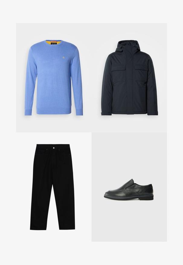 Námořnicky modrá zateplená bunda s kapucí, vybavená dvěma velkými předními kapsami a hladkým matným povrchem. Zapínání na zip.; Světle modrý pletený svetr s dlouhými rukávy a kulatým výstřihem; má malou zlatou emblemu na hrudi a kontrastní žlutý vnitřní límec.; Černé džíny s rovně střiženými nohavicemi, designem pěti kapes a předním zapínáním na knoflík. Hladký povrch s minimem švových detailů.; Černá kožená nazouvací bota s hladkým svrškem, prošívanými detaily, zaoblenou špičkou a nízkým gumovým podpatkem. Podešev má minimální vzorek.