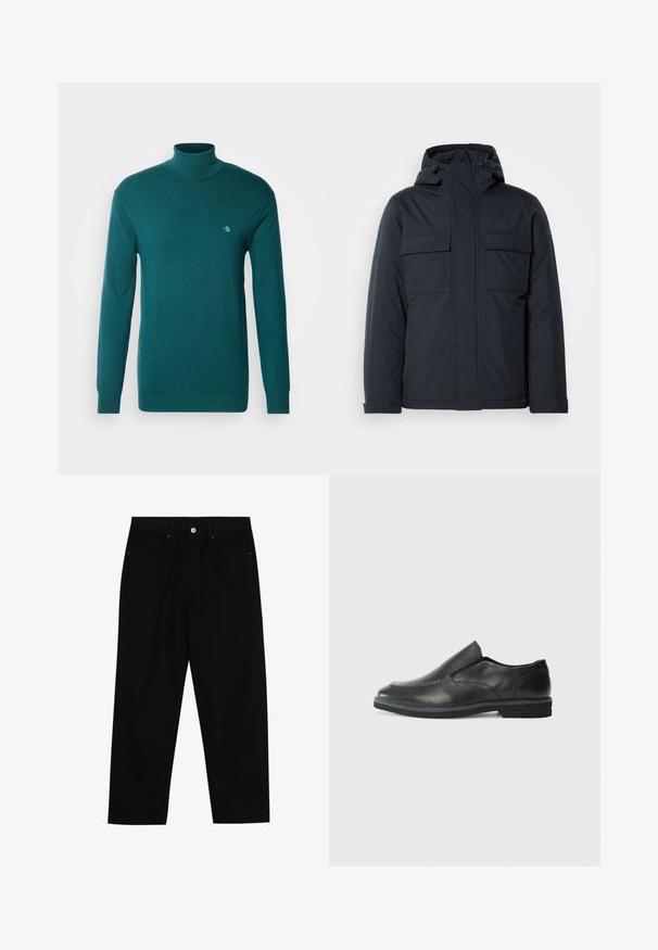 Marineblaue isolierte Jacke mit Kapuze, ausgestattet mit zwei großen frontalen Taschen und einer glatten, matten Oberfläche. Mit einem Reißverschluss vorne.; Türkiser Rollkragenpullover aus glattem Strickstoff. Verfügt über lange Ärmel und ein dezent gesticktes Logo auf der Brust.; Schwarze Jeans mit geradem Schnitt, Fünf-Taschen-Design und einem vorderen Knopfverschluss. Glatte Textur mit minimalen Nähten.; Schwarze Leder-Slipper mit glattem Obermaterial, gesteppten Akzenten, runder Zehenpartie und niedrigem Gummiabsatz. Die Sohle hat ein minimales Profil.