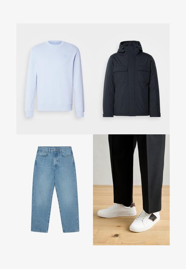 Sötétkék szigetelt dzseki kapucnival, két nagy elülső zsebbel és sima, matt felülettel. Cipzáras elülső záródás.; Világoskék pulóver, kerek nyakkivágással, hosszú ujjakkal, bordázott mandzsettagal és aljjal, apró, domború logóval a mellkason. Puha anyagból készült.; Világoskék farmer széles szárú nadrág magas derékkal, öt zsebből, övhurkokkal és puha, enyhén fakó textúrával.; Fehér sneaker, sima textúrával, barna bőr díszítéssel és fekete részletekkel, fekete szabott nadrággal párosítva. Fából készült padló háttér.