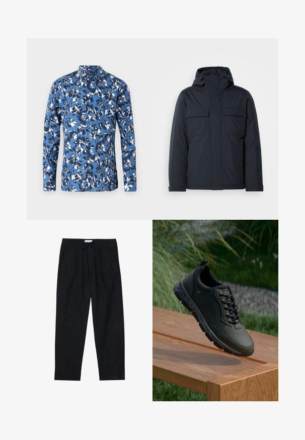 Granatowa, ocieplana kurtka z kapturem, z dwiema dużymi przednimi kieszeniami oraz gładkim, matowym wykończeniem. Zamek błyskawiczny na przodzie.; Niebieska koszula z długim rękawem na guziki, zdobiona kwiatowym wzorem w kolorach białym, granatowym i brązowym. Wykonana z gładkiej bawełny, posiada kołnierzyk.; Pier One - Chinosy; Czarne skórzane sneakersy z teksturowaną gumową podeszwą, sznurowanym zapięciem i wyściełanym kołnierzem. Zauważalne akcenty to detal z logo po boku.