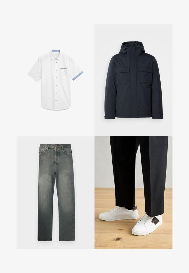 Giacca isolante blu navy con cappuccio, dotata di due grandi tasche frontali e una finitura liscia e opaca. Chiusura frontale con zip.; Camisetta bianca a maniche corte con colletto ben definito, accenti azzurri leggeri sui polsini, una tasca sul petto e dettagli in marrone sui bottoni davanti.; Jack & Jones JJIALEX JJCOOPER - Jeans baggy - black denim; Sneakers bianchi dalla texture liscia, con dettagli in pelle marrone e particolari neri, abbinati a pantaloni neri su misura. Sfondo in parquet.