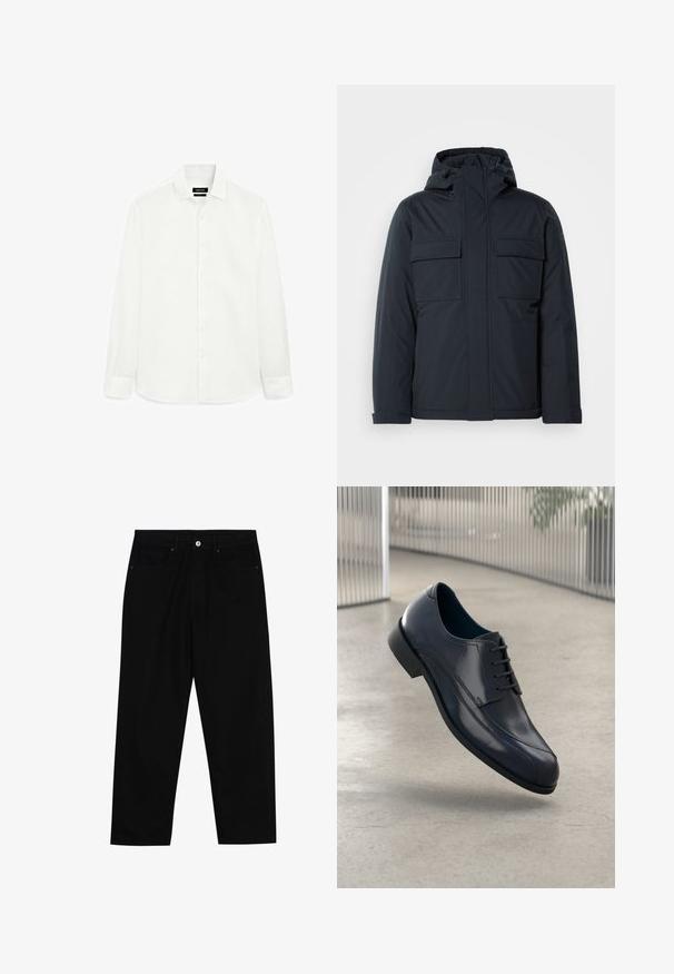 Marineblaue isolierte Jacke mit Kapuze, ausgestattet mit zwei großen frontalen Taschen und einer glatten, matten Oberfläche. Mit einem Reißverschluss vorne.; Weißes Langarmshirt aus weichem Stoff, mit klassischem Kragen, durchgehender Knopfleiste und geradem Saum. Keine Muster oder Verzierungen.; Schwarze Jeans mit geradem Schnitt, Fünf-Taschen-Design und einem vorderen Knopfverschluss. Glatte Textur mit minimalen Nähten.; Glänzender schwarzer Leder-Dressschuh mit Schnürsenkeln, schwebend über einem glatten, hellgrauen Boden und vertikalen Metallstäben im Hintergrund.
