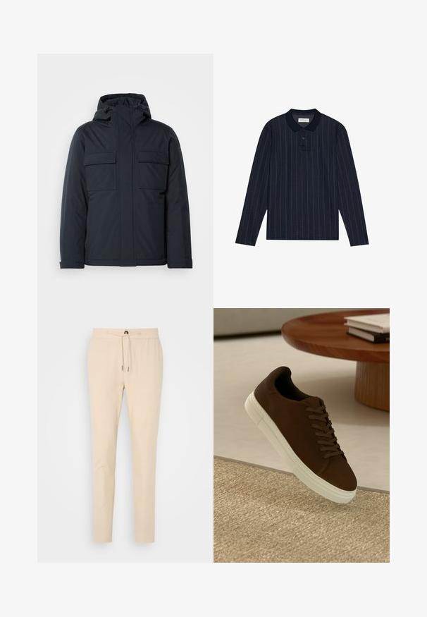 Navy blue insulated jacket with a hood, featuring two large front pockets and a smooth, matte finish. Zippered front closure.; Navy long-sleeve polo shirt with a collared neckline, featuring thin vertical stripes and three-button placket. Soft fabric texture.; Beige tapered pants made of soft fabric, featuring an elastic waistband with drawstring and a single front pocket. Smooth texture and subtle design.; Brown suede sneaker with flat laces and a white rubber sole, featuring a rounded toe and minimal design, set against a textured surface.