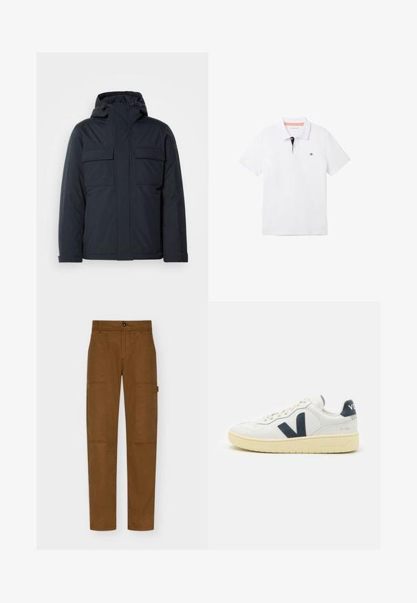 Námornícky modrá zateplená bunda s kapucňou, ktorá má dve veľké predné vrecká a hladký, matný povrch. Predné zapínanie na zips.; Biela polo tričko s čiernym golierom a oranžovým lemovaním, krátkymi rukávmi a malým logom na hrudi. Vyrobené z priedušnej bavlnenej zmesi.; Hnedé cargo nohavice vyrobené z odolného materiálu, s rovnými nohavicami, dvoma veľkými bočnými vreckami a gombíkovým zapínaním v páse.; Biele kožené tenisky s námorníckymi akcentmi, s veľkou podrážkou, šnurovaním a výrazným bočným logom. Textúrovaný povrch a minimalistický dizajn.