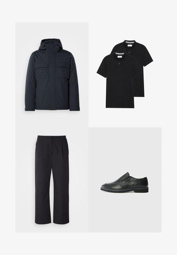 Tumesinine isolatsiooniga jakk kapuutsiga, millel on kaks suurt esikot ja sile, mati viimistlusega pind. Ees lukuga sulgumine.; Kaks musta polo särki, lühikeste varrukatega, puuvillane materjal, klassikalise kraega, kahe nupuga kinnitusega, valgete triipudega krae sisepinnal.; Laiad püksid tekstuuriga mustast kangast, millel on paeltega vöö, kahe esiosa tasku ja sirge lõikega disain.; Must musta laia suuga king, millel on sile ülemine osa, õmmeldud detailid, ümmargune nina ja madal kummist konts. Tallal on minimaalne mustr.