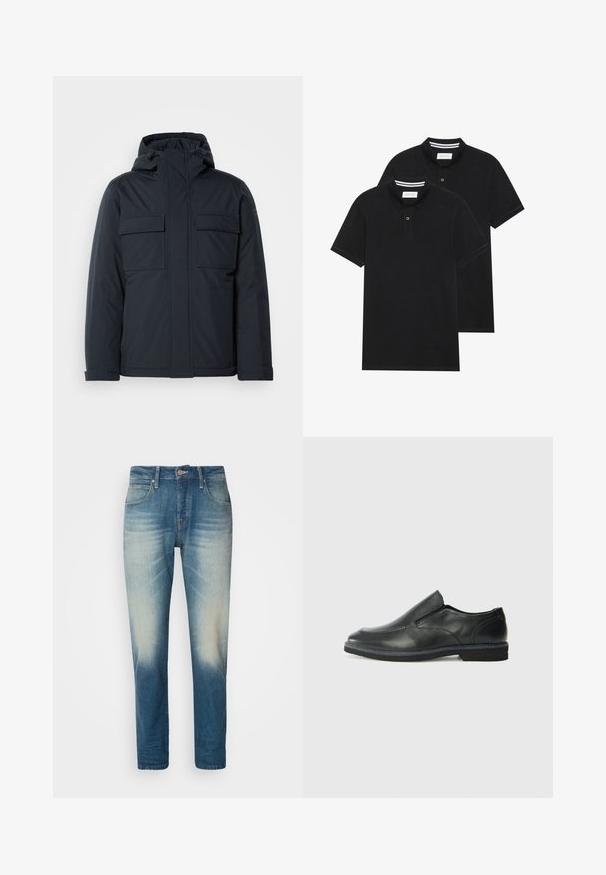 Marineblauwe geïsoleerde jas met capuchon, voorzien van twee grote voorkeurszakken en een gladde, matte afwerking. Met ritssluiting aan de voorkant.; Twee zwarte polo shirts, met korte mouwen, van katoen, met een klassieke kraag, een knoopsluiting met twee knopen en witte gestreepte accenten aan de binnenkant van de kraag.; Lichtblauwe denim jeans met een vervaagde afwerking, vijf zakken, knoopsluiting, rechte pijpen en contrasterende stikdetails.; Zwarte leren instapper met een soepele bovenkant, gestikte accenten, ronde neus en een lage rubberen hak. De zool heeft minimale profiel.
