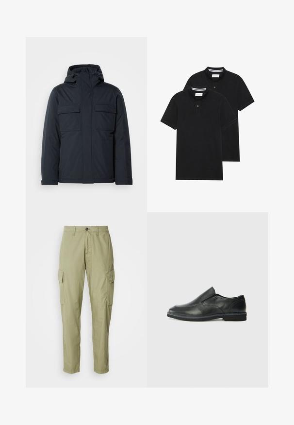 Tumesinine isolatsiooniga jakk kapuutsiga, millel on kaks suurt esikot ja sile, mati viimistlusega pind. Ees lukuga sulgumine.; Kaks musta polo särki, lühikeste varrukatega, puuvillane materjal, klassikalise kraega, kahe nupuga kinnitusega, valgete triipudega krae sisepinnal.; Kerged püksid helesinisest oliivrohelisest värvist, valmistatud tekstuursest kangast, millel on kaks külge taskut ja sirge jalgade disain nupuga sulgemisega.; Must musta laia suuga king, millel on sile ülemine osa, õmmeldud detailid, ümmargune nina ja madal kummist konts. Tallal on minimaalne mustr.