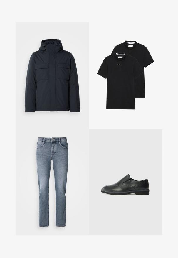 Marineblå isoleret jakke med hætte, der har to store forsorglommer og en glat, mat overflade. Lynlåslukning foran.; To sorte polo T-shirts, kortærmede, lavet af bomuldsstof, med en klassisk krave, to-knaps placket og hvide stribede detaljer indeni kraven.; Lyseblå denimjeans med lige pasform, fem-lomme design og subtilt slid. Har en knaplukning og bælteløkker.; Sorte læder slip-on sko med en glat overdel, syede detaljer, rund tå og en lav gummihæl. Sålen har minimal profil.