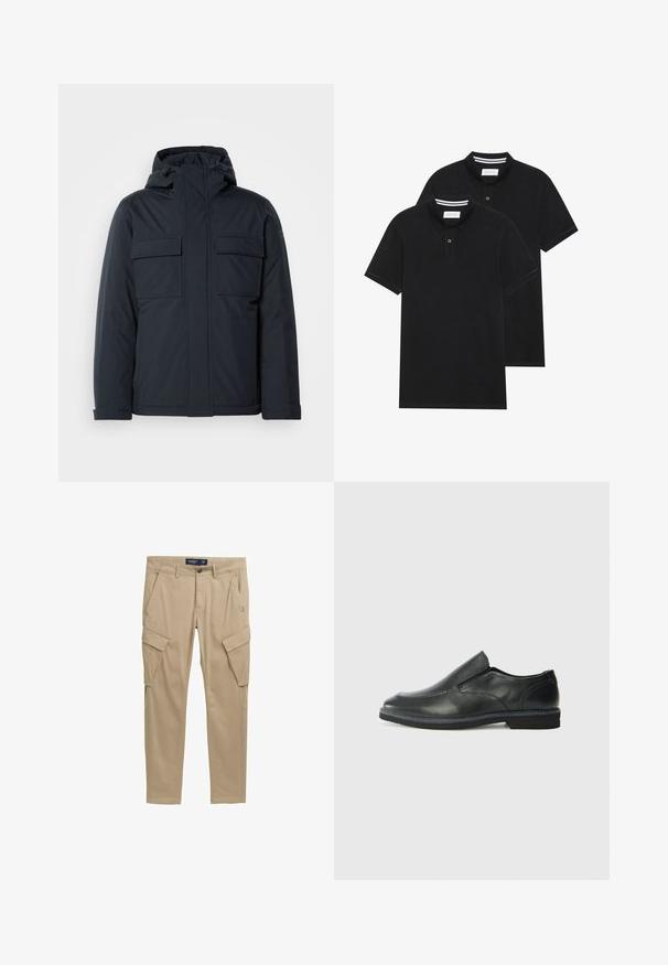 Marineblaue isolierte Jacke mit Kapuze, ausgestattet mit zwei großen frontalen Taschen und einer glatten, matten Oberfläche. Mit einem Reißverschluss vorne.; Zwei schwarze Polohemden, kurzärmlig, aus Baumwolle, mit einem klassischen Kragen, zwei Knöpfen und weißen Streifenakzenten im Inneren des Kragens.; Khakifarbene Cargo-Hosen aus leichtem Material, mit mehreren Seitentaschen, Gürtelschlaufen und einem Reißverschluss mit Knopfverschluss.; Schwarze Leder-Slipper mit glattem Obermaterial, gesteppten Akzenten, runder Zehenpartie und niedrigem Gummiabsatz. Die Sohle hat ein minimales Profil.