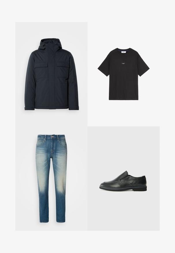 Veste isolée bleu marine avec capuche, dotée de deux grandes poches avant et d'une finition lisse et mate. Fermeture éclair à l'avant.; T-shirt en coton noir avec un col rond et des manches courtes. Présente un petit logo blanc sur le devant. Design simple, coupe décontractée.; Jean en denim bleu clair avec une finition délavée, cinq poches, fermeture à bouton, coupe droite et détails de couture contrastée.; Chaussure slip-on en cuir noir avec une tige lisse, des accents cousus, un bout arrondi et un petit talon en caoutchouc. La semelle présente un profil de traction minimal.