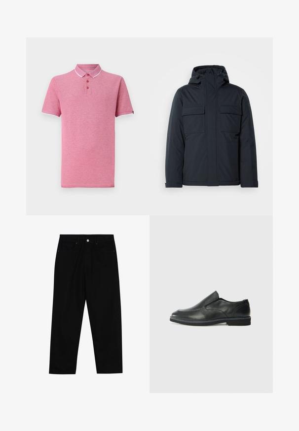 Marineblå isolert jakke med hette, med to store frontlommer og en glatt, matt finish. Glidelås i front.; Rosa polo skjorte med korte ermer, ribbet krage, tre-knaps placket og kontrasterende hvite detaljer på kragen og ermene.; Sorte denimbukser med rett benklipp, fem-lomme design og frontknappåpning. Jevn tekstur med minimale sømdetaljer.; Sorte skinn slip-on sko med en jevn overflate, stikking detaljer, rund tå og en lav gummihæl. Sålen har minimal mønstring.