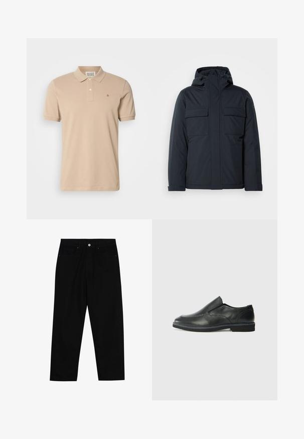 Granatowa, ocieplana kurtka z kapturem, z dwiema dużymi przednimi kieszeniami oraz gładkim, matowym wykończeniem. Zamek błyskawiczny na przodzie.; Beżowa koszulka polo wykonana z bawełny, z klasycznym kołnierzykiem, krótkimi rękawami i małym haftowanym logo na piersi. Zapięcie na dwa guziki.; Czarne spodnie dżinsowe w klasycznym kroju prostym, z pięcioma kieszeniami i zapięciem na guzik z przodu. Gładka tekstura z minimalnymi detalami szwy.; Czarne skórzane buty wsuwane z gładką cholewką, przeszyciami, okrągłym noskiem i niskim gumowym obcasem. Podeszwa ma minimalny bieżnik.