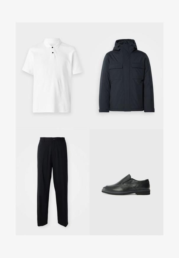 Navy blue insulated jacket with a hood, featuring two large front pockets and a smooth, matte finish. Zippered front closure.; White polo shirt featuring a textured fabric, short sleeves, a folded collar, and three black buttons at the neckline.; Black straight-leg trousers with belt loops, button closure, and a sleek, minimal design on a neutral background.; Black leather slip-on shoe with a smooth upper, stitched accents, rounded toe, and a low rubber heel. Sole features minimal tread.