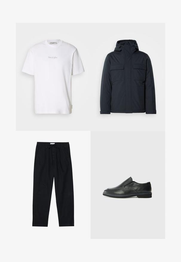 Navy blue insulated jacket with a hood, featuring two large front pockets and a smooth, matte finish. Zippered front closure.; White cotton t-shirt featuring the text "Out of office" printed in light gray on the front, round neck, and short sleeves.; Pier One Chinos - black; Black leather slip-on shoe with a smooth upper, stitched accents, rounded toe, and a low rubber heel. Sole features minimal tread.
