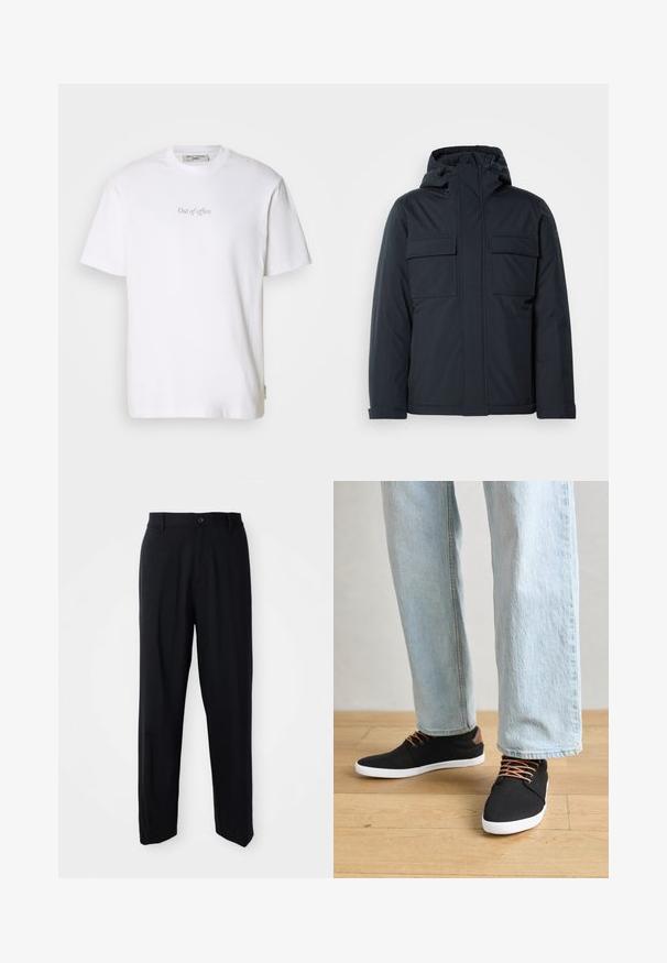 Tumesinine isolatsiooniga jakk kapuutsiga, millel on kaks suurt esikot ja sile, mati viimistlusega pind. Ees lukuga sulgumine.; Valge puuvillane t-särk, mille esiküljel on helesiniselt trükitud tekst "Kodus". Särk on ümarate kaelustega ja lühikeste varrukatega.; Mustad sirged püksid, millega on kaasas vöökohad, nööbiga sulgus ja voolav, minimalistlik disain neutraalsel taustal.; Mustad musta kangast tossud pruunide aktsentide, valge kummitaldade ja pruunide paeltega, koos helesiniste sirgete jalgade teksadega. Puidust põranda taust.