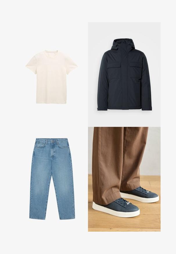 Marineblauwe geïsoleerde jas met capuchon, voorzien van twee grote voorkeurszakken en een gladde, matte afwerking. Met ritssluiting aan de voorkant.; Crèmekleurig katoenen t-shirt met korte mouwen, een ronde halslijn en een licht gestructureerde stof. Geen zichtbare patronen of graphics.; Lichtblauwe denim wijde jeans met een hoge taille, voorzien van vijf zakken, riemlusjes en een zachte, licht vervaagde textuur.; Marine leren sneakers met witte rubberen zolen, ronde neus en vetersluiting; tentoongesteld met losse bruine broeken op een houten vloer.