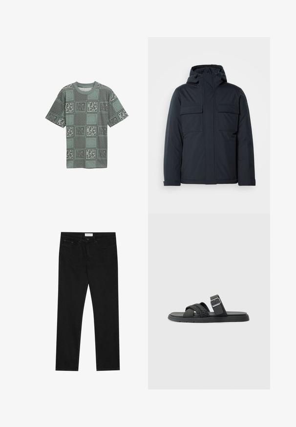 Chaqueta aislante azul marino con capucha, que cuenta con dos grandes bolsillos frontales y un acabado suave y mate. Cierre frontal con cremallera.; Camiseta verde con estampado, realizada en una tela suave, que presenta una mezcla de diseños geométricos y paisley en varias tonalidades distribuidas en secciones cuadradas.; Jeans negros de pierna recta con diseño de cinco bolsillos, cierre de botón y cremallera, y etiqueta de la marca Pier One en la cinturilla.; Sandalia negra con tiras trenzadas, suela plana y una correa de tobillo con hebilla. Fabricada en material sintético con un acabado suave.