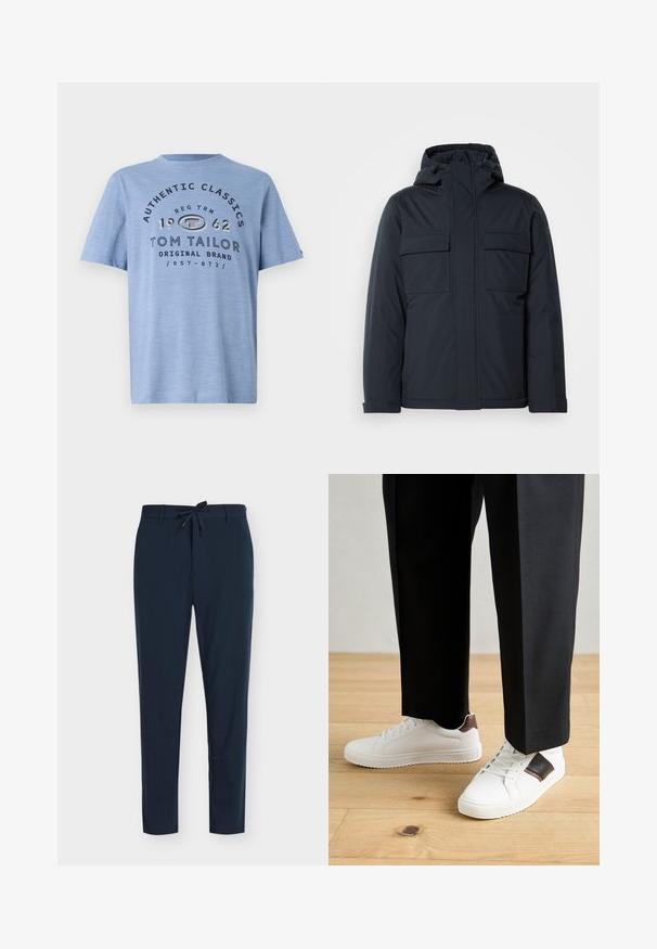 Tumesinine isolatsiooniga jakk kapuutsiga, millel on kaks suurt esikot ja sile, mati viimistlusega pind. Ees lukuga sulgumine.; Heleheline lühikeste varrukatega T-särk, mis on valmistatud pehmest materjalist. T-särgil on must tekstigraafika, millel on kirjutatud "AUTENTISED KLASSIKAD" ja kaubamärgi nimi. Lihtne disain.; Tumesinised püksid, valmistatud siledast kangast, nöörvöökohaga, millel on vertikaalne triibuline muster ja kitsenev säärekujundus.; Valged sneakersid siledat tekstuurist, millel on pruunad nahast detailid ja mustad aksessuaarid, millele on sobitatud mustad kohandatud püksid. Puitpõranda taust.