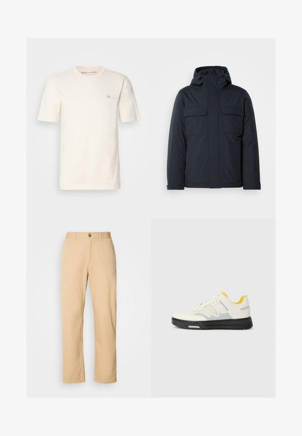 Navy blue insulated jacket with a hood, featuring two large front pockets and a smooth, matte finish. Zippered front closure.; Cream-colored cotton t-shirt with short sleeves, a crew neck, and a small blue emblem on the left chest. Soft texture and relaxed fit.; Khaki cotton trousers with a straight-leg design, featuring a front button closure and belt loops. Smooth texture and plain surface.; White and grey athletic shoe with a textured upper, yellow accents on the tongue, and a thick black sole. Features perforations for breathability.