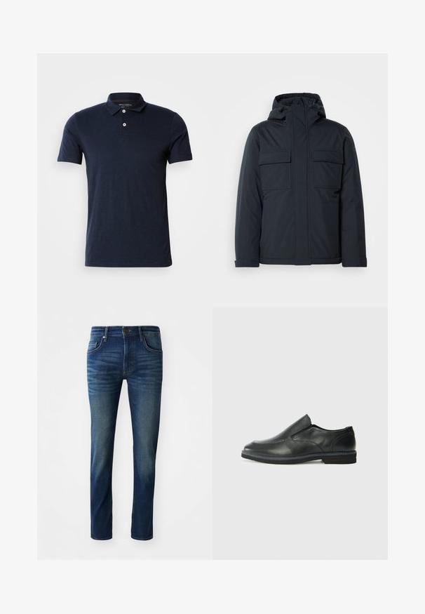 Mörkblå isolerad jacka med huva, utrustad med två stora framfickor och en slät, matt finish. Dragkedjestängning framtill.; Marinblå pikétröja i texturerad tyg, med klassisk krage, korta ärmar och en liten logotyp på vänster bröst.; Mörkblå denimjeans med slim fit, med fem fickor, knappstängning fram och en subtil blekning på benen.; Svart lädersko i slip-on-modell med en slät ovandel, sömnadsdetaljer, rund tå och låg gummihäl. Sulan har minimal mönstring.