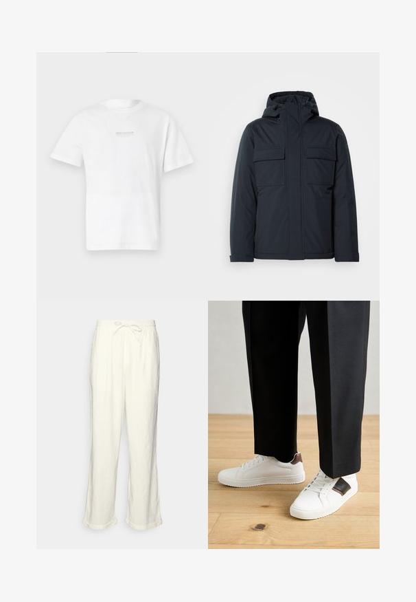 Navy blue insulated jacket with a hood, featuring two large front pockets and a smooth, matte finish. Zippered front closure.; White cotton t-shirt with short sleeves, crew neck, and a simple printed logo on the front. Smooth texture and standard fit.; Linen trousers in off-white with a drawstring waistband, slightly wide legs, and rolled cuffs for a relaxed fit. No pockets.; White sneakers with smooth texture, featuring brown leather accents and black detailing, paired with black tailored pants. Wooden floor background.