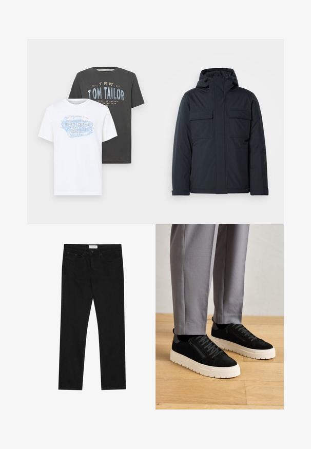 Námořnicky modrá zateplená bunda s kapucí, vybavená dvěma velkými předními kapsami a hladkým matným povrchem. Zapínání na zip.; Dvě bavlněné trička: jedno bílé s modrým a oranžovým grafickým textem a jedno tmavě šedé s modrým a bílým textem, obě s krátkým rukávem.; Černé rovné džíny s pěti kapsami, zapínání na knoflík a zip, a štítek značky Pier One na pase.; Černé semišové tenisky s texturovaným povrchem, vybavené bílou gumovou podrážkou a dekorativním postranním zipem, nošené s šedými kalhotami.