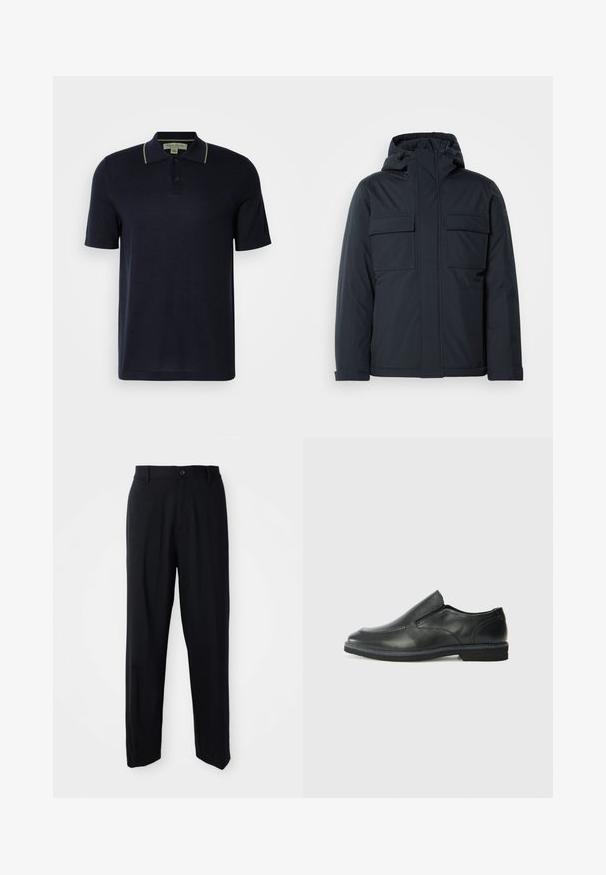 Laivastonsininen eristetty takki hupulla, jossa on kaksi suurta etutaskua ja sileä, matta pinta. Vetoketjukiinnitys edessä.; Laivastonsininen lyhythihainen polo-paita, jossa on kaksi nappia ja hillitty beige reunus kauluksessa, esiteltynä yksinkertaisella vaalealla taustalla.; Mustat suorat housut vyön lenkeillä, nappisuljenta ja siisti, minimalistinen muotoilu neutraalilla taustalla.; Musta nahkainen liukujalkine, jossa on sileä pinta, ommeltuja yksityiskohtia, pyöristetty kärki ja matala kumipohja. Pohjassa on minimaalinen pito.