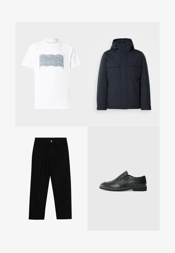 Námornícky modrá zateplená bunda s kapucňou, ktorá má dve veľké predné vrecká a hladký, matný povrch. Predné zapínanie na zips.; Biele bavlnené tričko s farebným vlnovým vzorom a textom "MIAMI" a "20-97" potlačeným na prednej strane. Krátke rukávy, okrúhly výstrih.; Čierne denimmové nohavice s rovný strihom, dizajnom s piatimi vreckami a upínaním na prednej strane. Hladká textúra s minimálnymi detailmi šitia.; Čierny kožený nazúvací topánka s hladkým zvrškom, prešitými akcentmi, zaoblenou špičkou a nízkym gumovým podpätkom. Podošva má minimálny dezén.