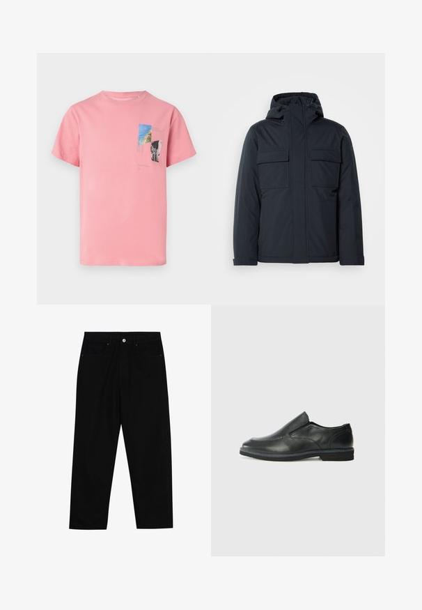 Laivastonsininen eristetty takki hupulla, jossa on kaksi suurta etutaskua ja sileä, matta pinta. Vetoketjukiinnitys edessä.; Vaaleanpunainen puuvillapaita, jossa on lyhyet hihat. Esiintyy painettu grafiikka sinisessä, vihreässä ja mustassa, mukaan lukien teksti ja geometriset muodot edessä.; Mustat farkut suoraan lahkeella, viisi taskua ja etunappikiinnitys. Sileä rakenne, jossa on vain vähäisiä ompelualueita.; Musta nahkainen liukujalkine, jossa on sileä pinta, ommeltuja yksityiskohtia, pyöristetty kärki ja matala kumipohja. Pohjassa on minimaalinen pito.