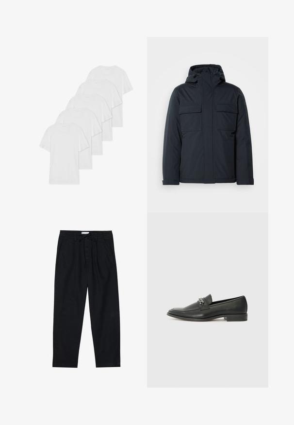 Navy blue insulated jacket with a hood, featuring two large front pockets and a smooth, matte finish. Zippered front closure.; Six white cotton T-shirts with short sleeves and round necklines arranged in a row, featuring a smooth texture and no visible patterns.; Pier One Chinos - black; Black leather loafer with a smooth finish, featuring a stitched design and a decorative metal chain accent across the vamp. Flat heel.