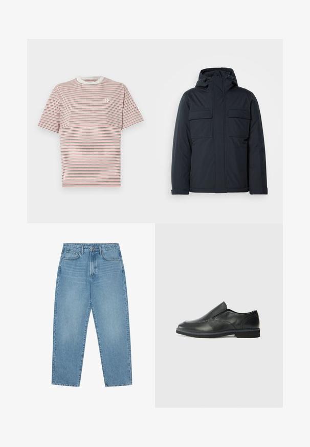 Casaco isolado azul marinho com capuz, apresentando dois grandes bolsos frontais e um acabamento suave e mate. Fecho frontal com zíper.; T-shirt listrada com linhas horizontais em rosa, azul-marinho e branco. Gola redonda canelada e um pequeno logo no peito. Material de algodão.; Jeans de ganga de perna larga em azul-claro com cintura alta, apresentando cinco bolsos, passadores para cinto e uma textura suave, ligeiramente desbotada.; Sapato slip-on preto em pele com um upper liso, acabamentos cosidos, bico arredondado e um salto de borracha baixo. A sola apresenta um padrão de aderência mínimo.