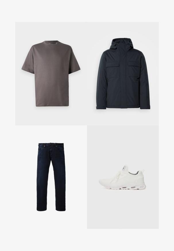 Navy blue insulated jacket with a hood, featuring two large front pockets and a smooth, matte finish. Zippered front closure.; Dark gray short-sleeve t-shirt with a round neckline, made from soft fabric, featuring a relaxed fit and no visible patterns or accents.; Dark blue denim jeans with a straight-leg cut, five-pocket design, and standard button closure. Smooth texture with minimal distressing.; White athletic shoes featuring a textured knit upper, flat laces, and a cushioned sole with visible air chambers for added support.