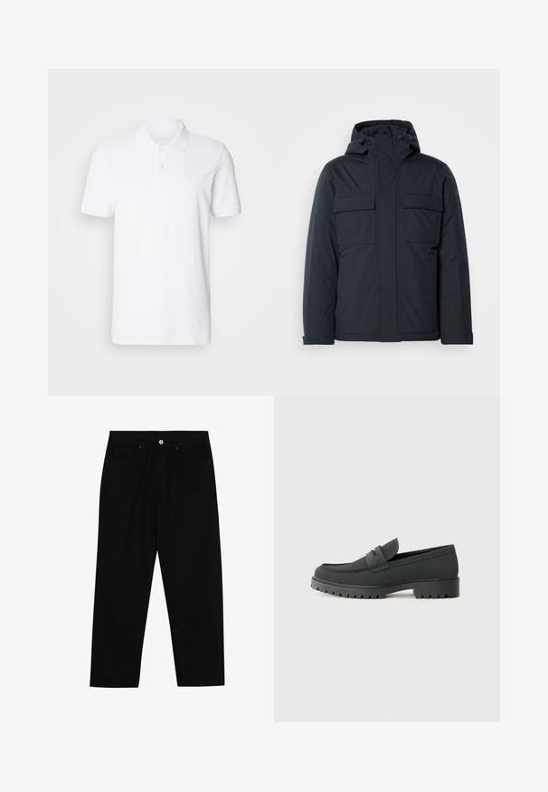 Marineblå isolert jakke med hette, med to store frontlommer og en glatt, matt finish. Glidelås i front.; Ecoalf MAN - Poloskjorter - white; Sorte denimbukser med rett benklipp, fem-lomme design og frontknappåpning. Jevn tekstur med minimale sømdetaljer.; Sorte loafersko med en glat, mat finish, med en rund tå og en tyk, struktureret sål. Udsmykket med en frontrem.