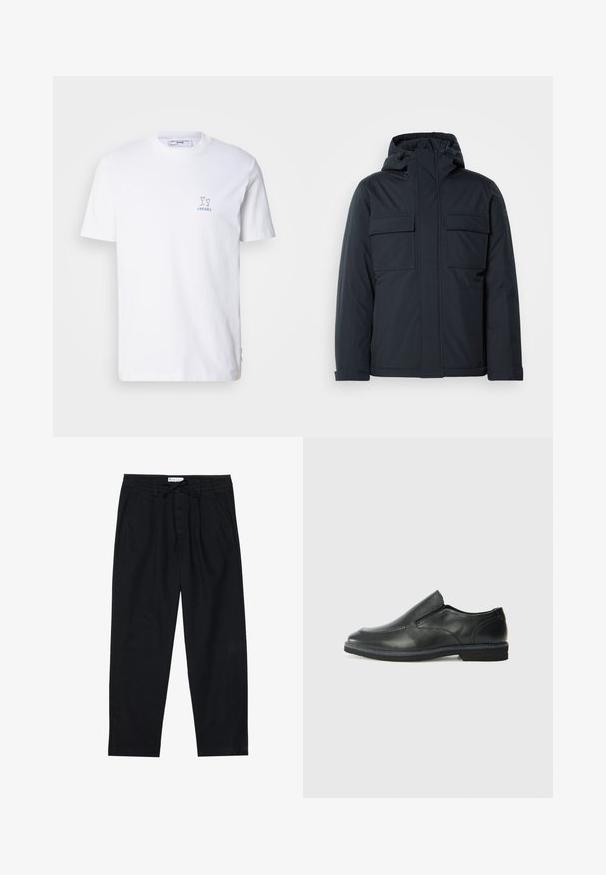 Marineblå isolert jakke med hette, med to store frontlommer og en glatt, matt finish. Glidelås i front.; Hvit bomulls T-skjorte med korte ermer, med et lite blått grafisk trykk av to glass og ordene "CHEERS" trykt under.; Pier One Chinos - black; Sorte skinn slip-on sko med en jevn overflate, stikking detaljer, rund tå og en lav gummihæl. Sålen har minimal mønstring.